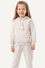 Bağcık Ponpon Detaylı Kapüşonlu Kız Çocuk Eşofman Takımı - Görsel 5