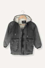 Kapüşonlu Kürklü Siyah Kız Çocuk Ceket