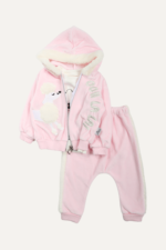 Peluş Köpek Nakışlı Kadife Kız Bebek Üçlü Takım - Görsel 6