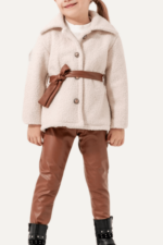 Kemerli Peluş Kabanlı Kız Çocuk Üçlü Takımı Krem