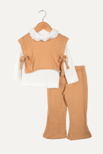 Zarif Yaka Dantelli Örgü Detaylı Kız Çocuk Üçlü Takım