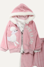 Peluş Köpek Nakışlı Kadife Kız Bebek Üçlü Takım - Görsel 3