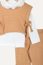 Zarif Yaka Dantelli Örgü Detaylı Kız Çocuk Üçlü Takım - Görsel 2