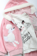 Peluş Köpek Nakışlı Kadife Kız Bebek Üçlü Takım - Görsel 4