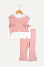Zarif Yaka Dantelli Örgü Detaylı Kız Çocuk Üçlü Takım - Görsel 7