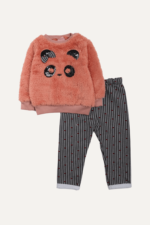 Pullu Panda Nakışlı Peluş Kız Bebek İkili Takım