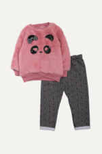 Pullu Panda Nakışlı Peluş Kız Bebek İkili Takım - Görsel 4