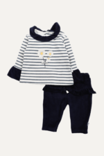 Papatyalı Çizgi Detaylı Kadifeli Kız Bebek İkili Takım