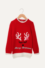 Pembe Fiyonklu Geyik Nakışlı Noel Kız Çocuk Kazak