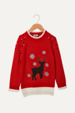 Simli Geyik Nakışlı Noel Kız Çocuk Kazak