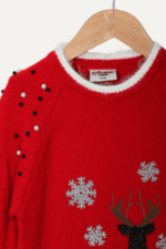 Simli Geyik Nakışlı Noel Kız Çocuk Kazak - Görsel 3