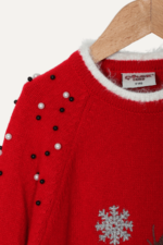 Simli Geyik Nakışlı Noel Kız Çocuk Kazak - Görsel 4