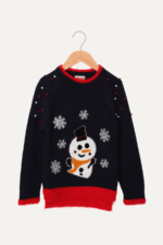 İncili Kardan Adam Nakışlı Noel Kız Çocuk Kazak