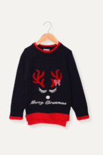 Pembe Fiyonklu Geyik Nakışlı Noel Kız Çocuk Kazak - Görsel 4