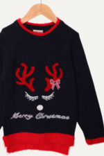 Pembe Fiyonklu Geyik Nakışlı Noel Kız Çocuk Kazak - Görsel 5