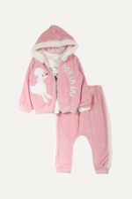 Peluş Köpek Nakışlı Kadife Kız Bebek Üçlü Takım