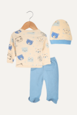 Peluş Ayıcık Nakışlı Erkek Bebek Üçlü Takım - Görsel 2