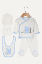 Erkek Bebek 5'li Yenidoğan Hastane Çıkışı Seti - Beyaz Ayıcık Desenli