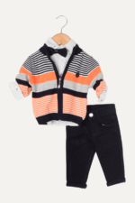 Gömlekli Fermuarlı Triko Ceket Üçlü Takım Lacivert-Turuncu