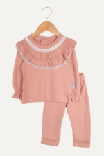 Yaka Dantelli Kol Lastikli Kız Bebek İkili Takımı