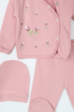 Dağınık Çiçek Nakışlı Kız Bebek Üçlü Takımı - Görsel 3