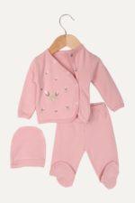 Dağınık Çiçek Nakışlı Kız Bebek Üçlü Takımı