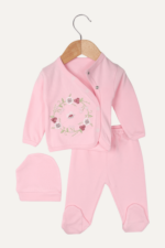 Zarif Çiçek Nakışlı Kız Bebek Bereli Üçlü Takımı - Görsel 4