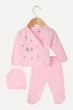 Dağınık Çiçek Nakışlı Kız Bebek Üçlü Takımı - Görsel 4