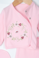 Zarif Çiçek Nakışlı Kız Bebek Bereli Üçlü Takımı - Görsel 6