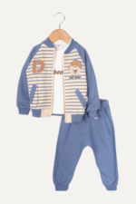 Çizgili Yazı Detaylı Erkek Bebek Üçlü Takım Lacivert