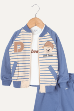 Çizgili Yazı Detaylı Erkek Bebek Üçlü Takım Lacivert - Görsel 2