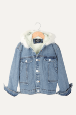 Cepli Kapüşonlu Kürklü Kız Çocuk Kot Ceket - Görsel 6