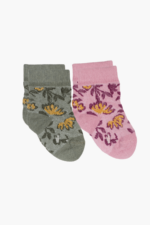 Simli Zarif Çiçek Detaylı Kız Bebek 2'li Çorap Seti Lila-Haki 0-6 Ay
