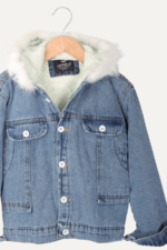 Cepli Kapüşonlu Kürklü Kız Çocuk Kot Ceket - Görsel 9