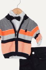 Gömlekli Fermuarlı Triko Ceket Üçlü Takım Lacivert-Turuncu - Görsel 7