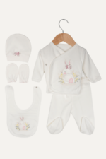 Sevimli Tavşan Nakışlı Kız Bebek 5'lı Yenidoğan Hastane Çıkışı Seti - Doğal Beyaz