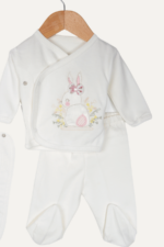 Sevimli Tavşan Nakışlı Kız Bebek 5'lı Yenidoğan Hastane Çıkışı Seti - Doğal Beyaz - Görsel 3