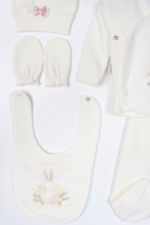 Sevimli Tavşan Nakışlı Kız Bebek 5'lı Yenidoğan Hastane Çıkışı Seti - Doğal Beyaz - Görsel 4