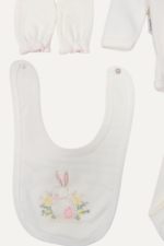 Sevimli Tavşan Nakışlı Kız Bebek 5'lı Yenidoğan Hastane Çıkışı Seti - Doğal Beyaz - Görsel 6