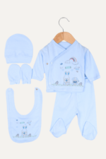 Erkek Bebek 5'li Yenidoğan Hastane Çıkışı Seti - Mavi Tavşan Desenli
