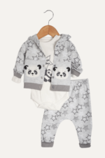 Panda Nakışlı Erkek Bebek 3'lü Takım Gri