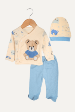 Peluş Ayıcık Nakışlı Erkek Bebek Üçlü Takım