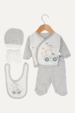Ayıcık Nakışlı Erkek Bebek 5'li Yenidoğan Hastane Çıkışı Seti