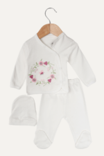 Zarif Çiçek Nakışlı Kız Bebek Bereli Üçlü Takımı