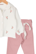 Kız Çocuk Zarif Çiçek Nakışlı Keten Gömlek ve Pantolon İkili Takımı Beyaz-Pembe - Görsel 2