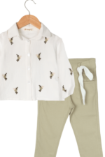 Kız Çocuk Zarif Çiçek Nakışlı Keten Gömlek ve Pantolon İkili Takımı Beyaz-Yeşil - Görsel 2