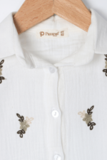Kız Çocuk Zarif Çiçek Nakışlı Keten Gömlek ve Pantolon İkili Takımı Beyaz-Yeşil - Görsel 4