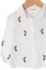 Kız Çocuk Zarif Çiçek Nakışlı Keten Gömlek ve Pantolon İkili Takımı Beyaz-Yeşil - Görsel 7