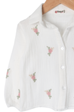 Kız Çocuk Zarif Çiçek Nakışlı Keten Gömlek ve Pantolon İkili Takımı Beyaz-Pembe - Görsel 7