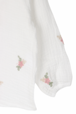 Kız Çocuk Zarif Çiçek Nakışlı Keten Gömlek ve Pantolon İkili Takımı Beyaz-Pembe - Görsel 6